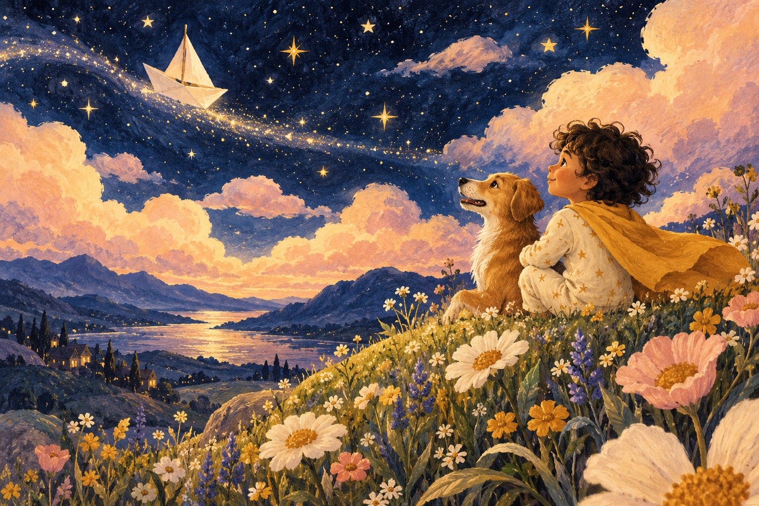 Illustrative example: a fictional child and dog imagining an adventure beneath a starry sky