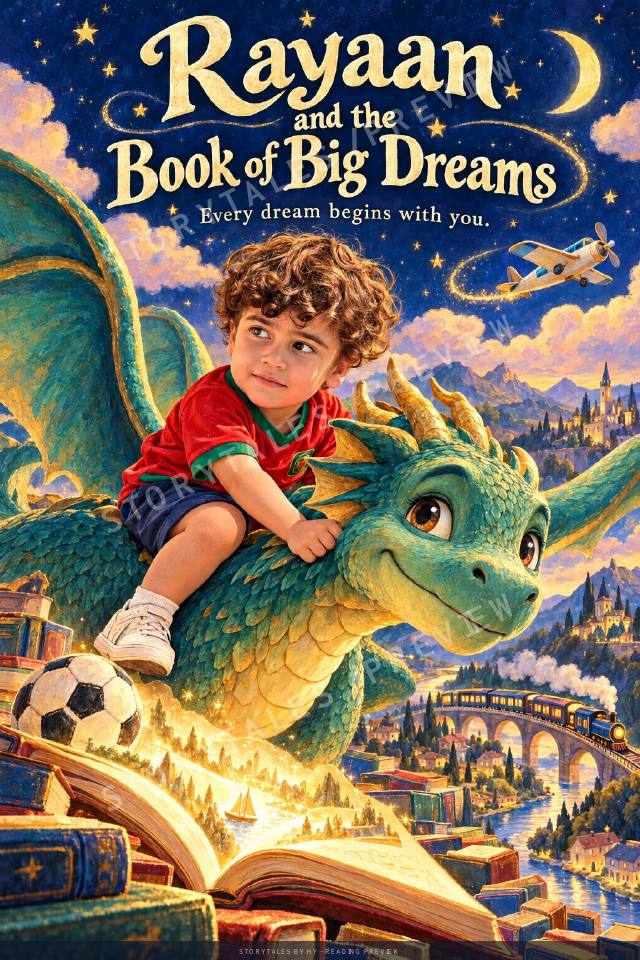 Rayaan riding a friendly dragon on the cover of his personalized book